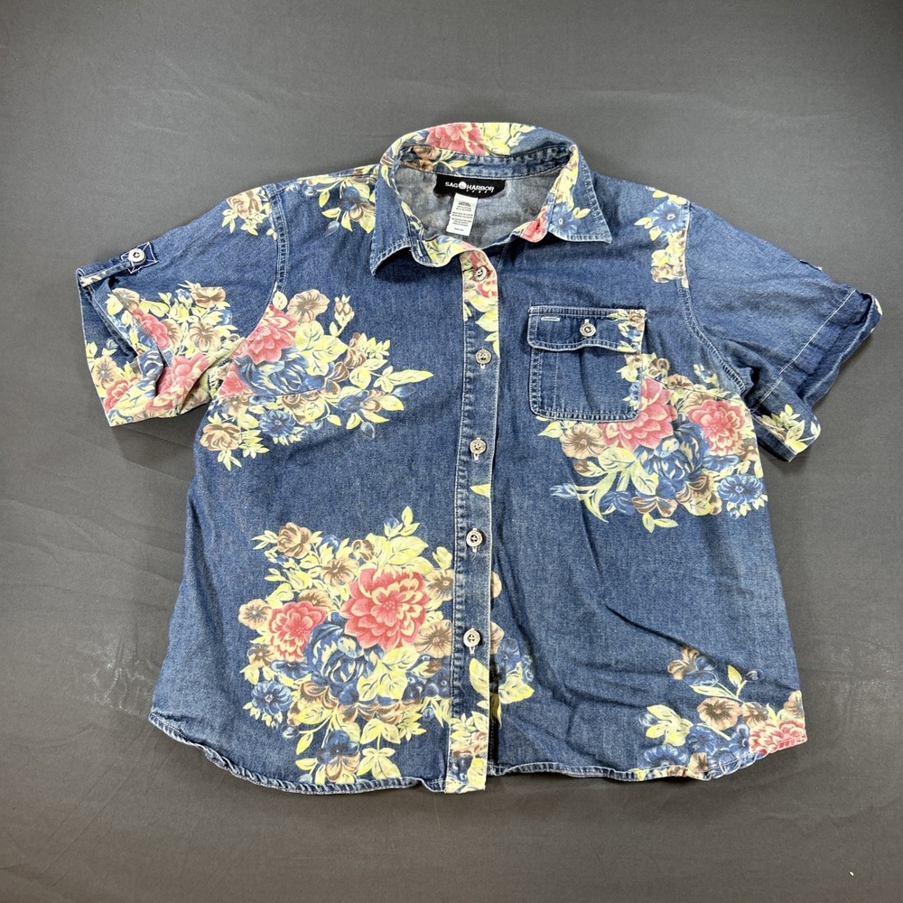 VTG 90s Sag Harbor L Denim Floral Button Up Short Sleeve Shirt Retro Feminine